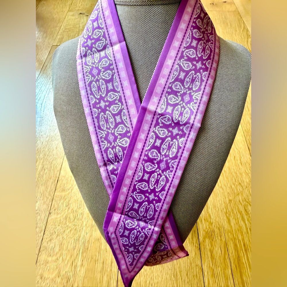 New pink and white printed silk satin scarf, approximately 34 inches